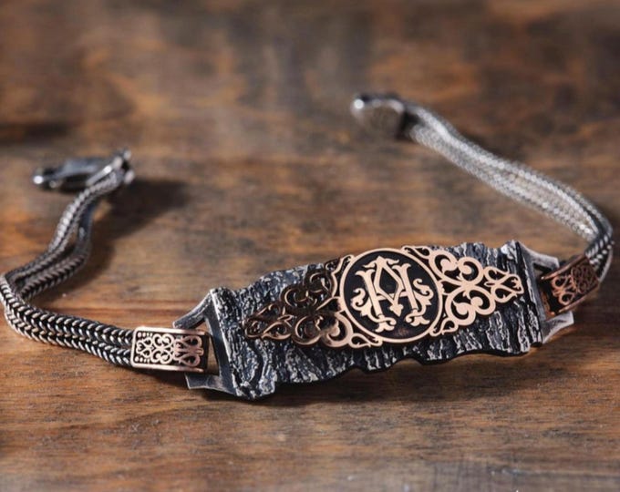 Personalized Sterling Silver Bracelet with Initial – Tree Bark Texture Design
