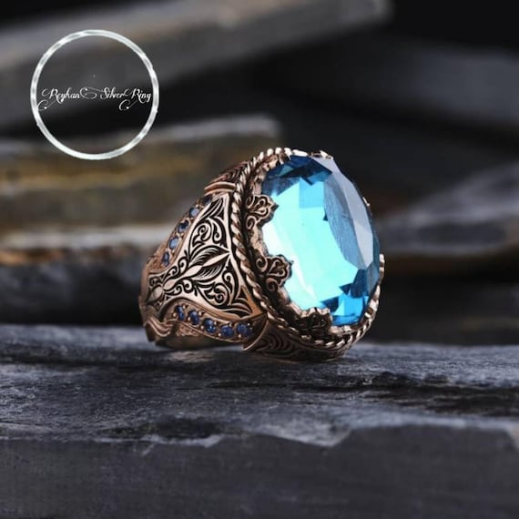 Handcrafted Seljuk Style Silver Ring with Aquamarine & Turquoise