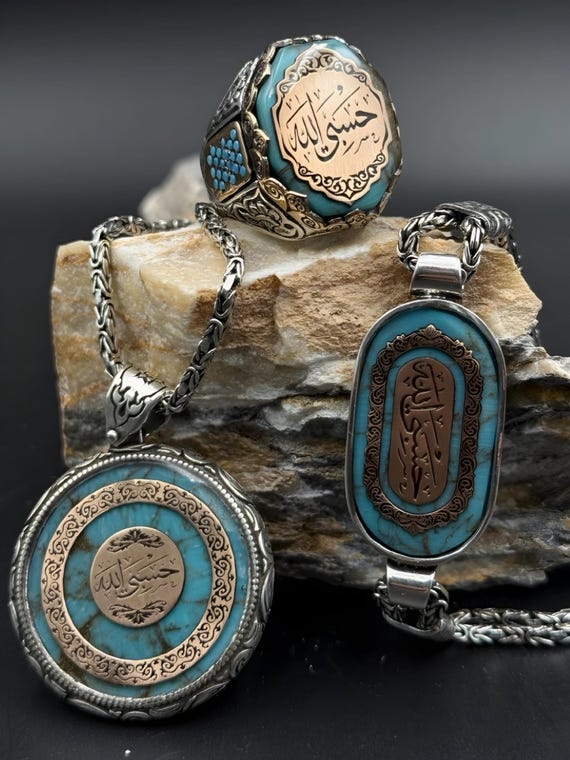 Hasbiyallah 3-Piece Set – 925 Sterling Silver Turquoise Ring, Bracelet & Medallion Necklace | Islamic Gift Jewelry