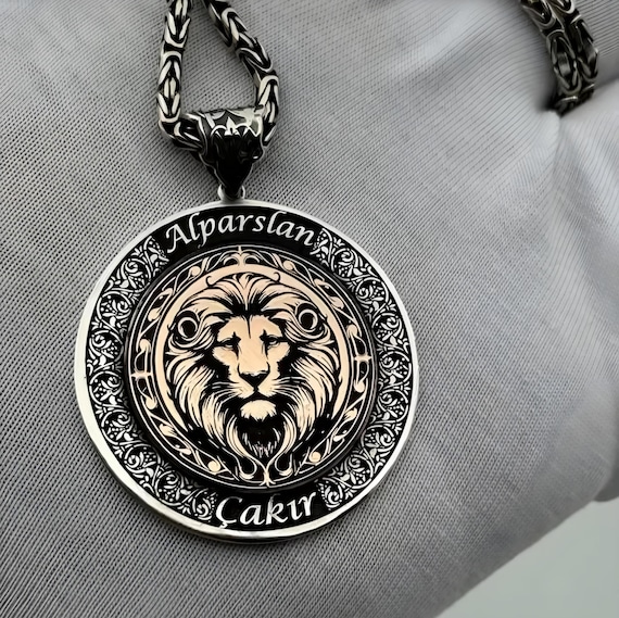 Personalized Sterling Silver Lion & Wolf Medallion Necklace with Custom Name Engraving
