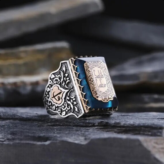 Custom Arabic Calligraphy Sterling Silver Ring - Blue Amber