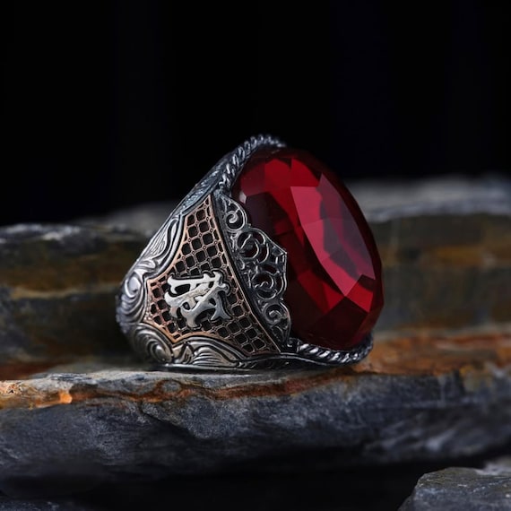Red Zircon Silver Men’s Ring – Handcrafted Love & Strength Gift
