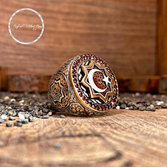 Red Zircon Stone 925 Sterling Silver Ring: Oguz Kagan Moon Star Eagle Symbol