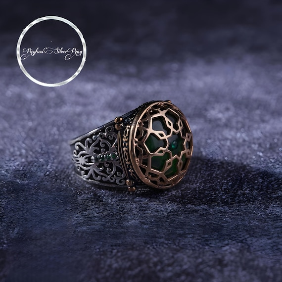 Handmade Green Amber Stone Silver Men's Ring – Unique Statement Jewelry