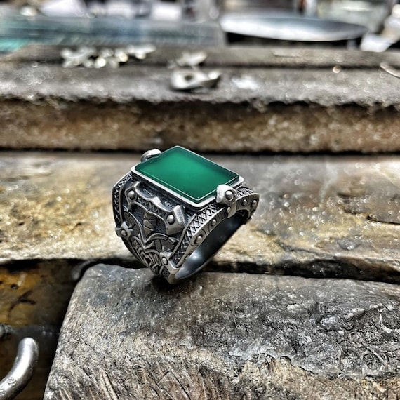 Engraved Green Agate Stone Ring, Adjustable 925 Sterling Silver