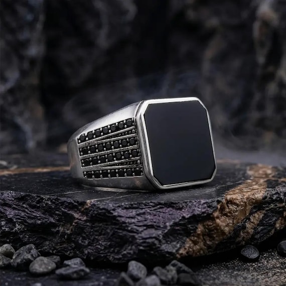 Men's Black Stone Sterling Silver Signet Ring, Micro Stone Detail