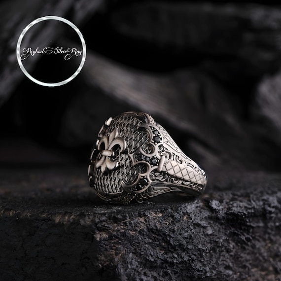 Kabza Model Men's Silver Ring - Micro Black Topaz Stones, Italic Pattern, Fine Workmanship