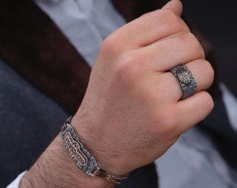 Tree Bark Silver Bracelet and Ring Set, Handmade Islamic Jewelry, Adjustable Men's Gift