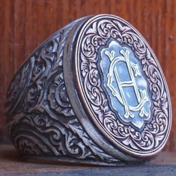 Engraved Initial Sterling Silver Men's Ring - Adjustable Turkish Design