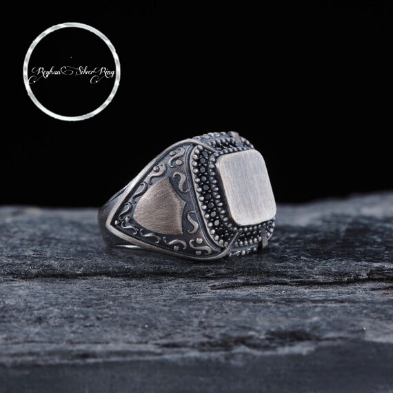 Black Zircon Stone Shield Men's Sterling Silver Ring - Personalized Initial