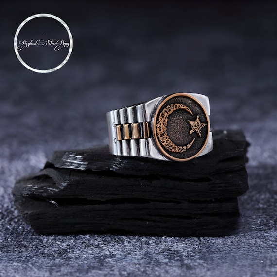 Sterling Silver Crescent Star Ring: Turkish Watchband Style, Adjustable