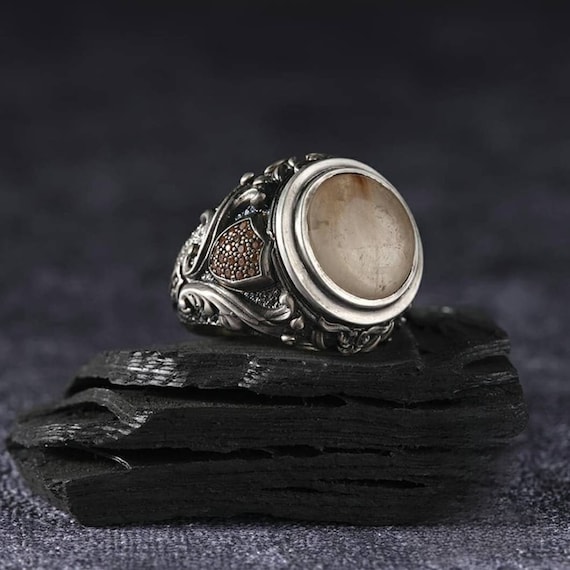 Oval Rutile Quartz Gemstone Silver Ring - Adjustable Unisex Jewelry - Handcrafted