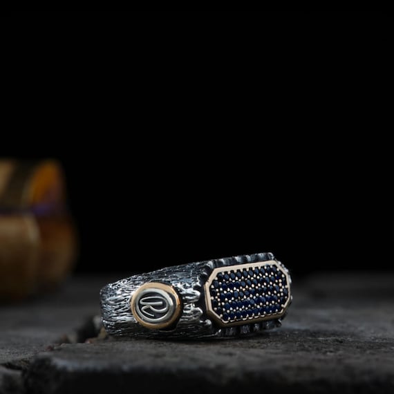 Men’s Tree-Bark Textured Silver Ring with Blue Zircon & Custom Initials