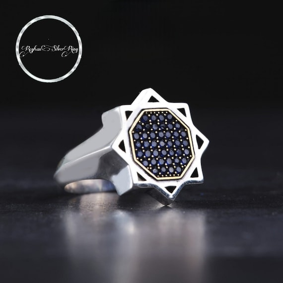 Customizable Seljuk Star Sterling Silver Ring with Navy Micro Stones