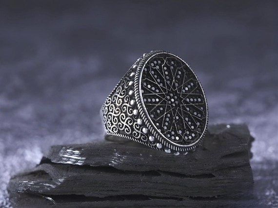 Black Zirconia Oval Sterling Silver Ring - Engraved Design