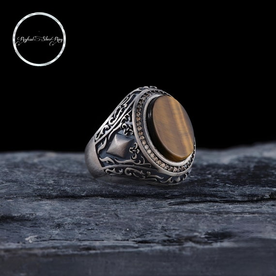 Turkish Handmade Tiger Eye Stone Men's Ring with Zirconia - Customizable Gift