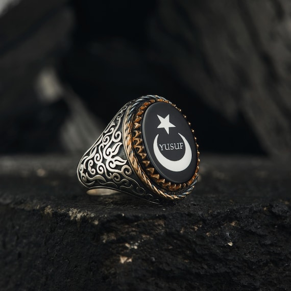 Black Agate Crescent Moon Star Ring: Personalized Sterling Silver