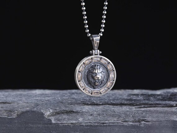 Natural Stone Citrine Baguette Necklace with Lion Medallion - Rhodium Plated Silver