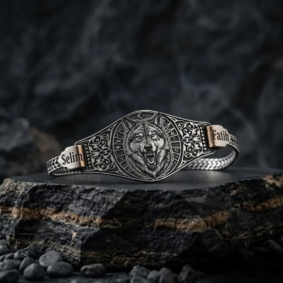 Custom Wolf Bracelet, 925 Silver Name Bracelet for Men