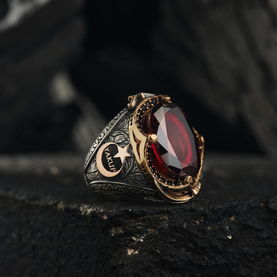 Personalized Sterling Silver Ottoman Ring: Red Gemstone Sword Design