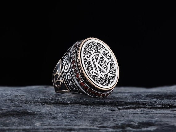 Men's Sterling Silver Letter Ring with Red Garnet Stones