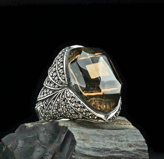 Carved Sterling Silver Mens Ring: Adjustable Turkish Handmade Jewelry