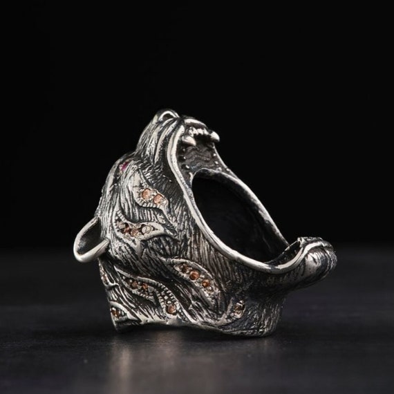 Panther Head Ring: 925 Sterling Silver Animal Ring with Red Zircon Eyes