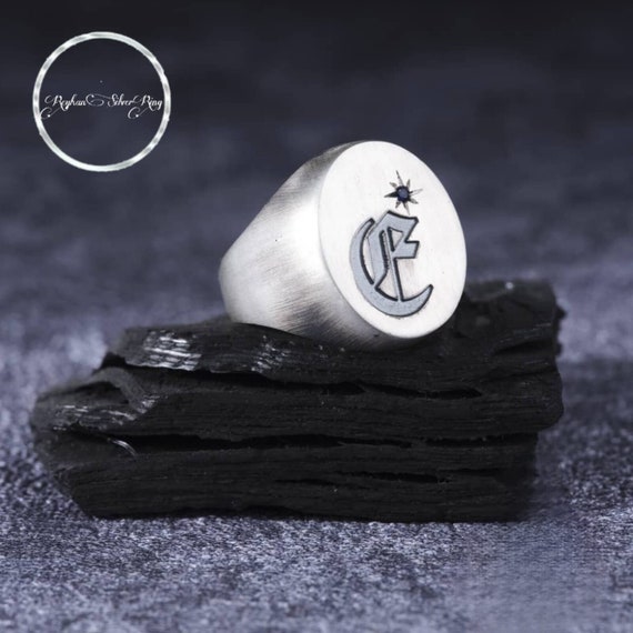 Turkish White Sterling Silver Men's Ring: Crescent Sun Initial