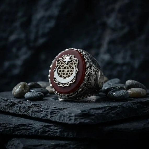 Agate Stone Moon Star Ring, 925 Sterling Silver Turkish Ottoman Ring