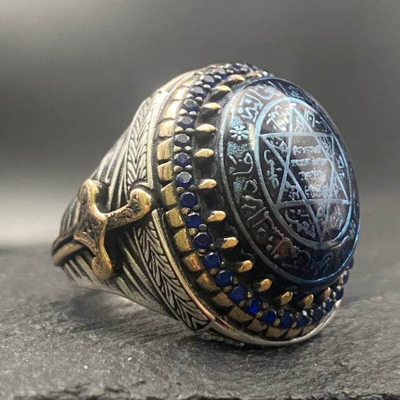 Sterling Silver Blue Agate Ring: Solomon's Seal Sword Design