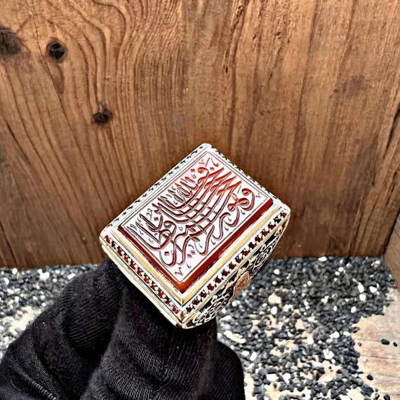 Handcrafted Sterling Silver Men's Agate Ring: Surah Yusuf Engraved