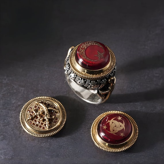 Handmade Sterling Silver Men's Ring with Interchangeable Red Amber Stone