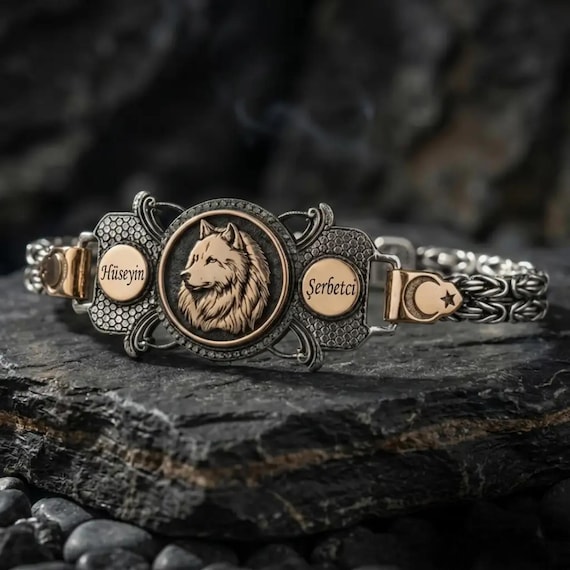 Personalized Wolf Bracelet, 925 Silver Gift for Men