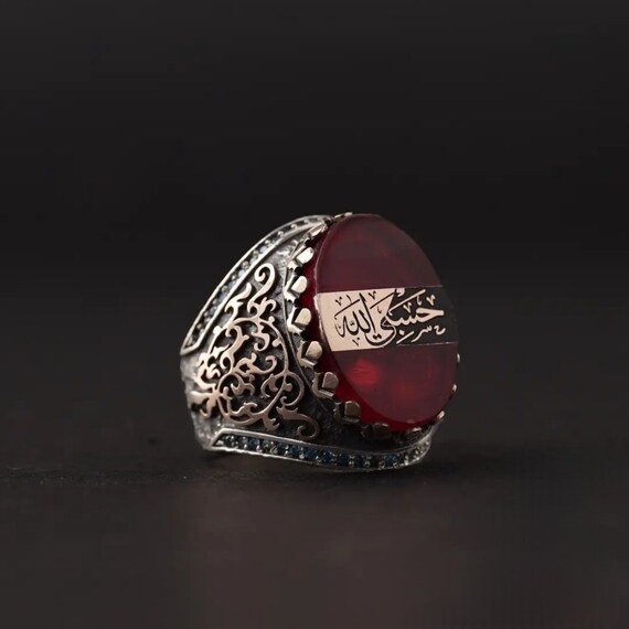 Men's Sterling Silver Ring: Red Amber Stone, Blue Zircon Accents