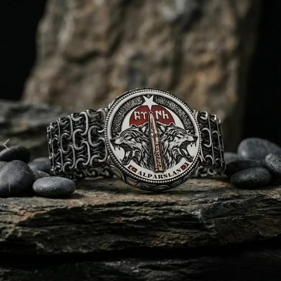 Handmade Sterling Silver Wolf Bracelet | Turkish Göktürk Design