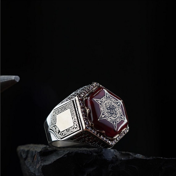 Hexagon Garnet Sterling Silver Men's Ring: Arabic Inscription