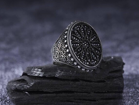 Sleek Black Zircon Men's Ring - Adjustable, Handcrafted Silver Jewelry