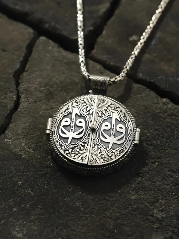 Personalized Islamic Locket Necklace: Sterling Silver Elif Vav, Fatiha Surah