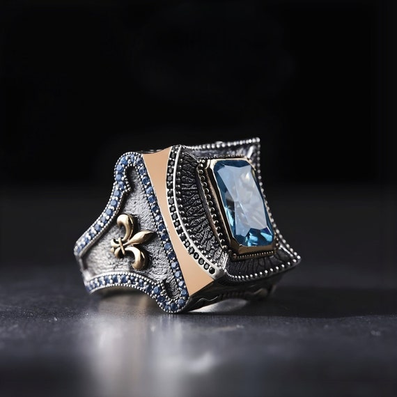 Handmade Precious Stone Ring, Blue Zircon Baguette Silver - Unisex Turkish Jewelry