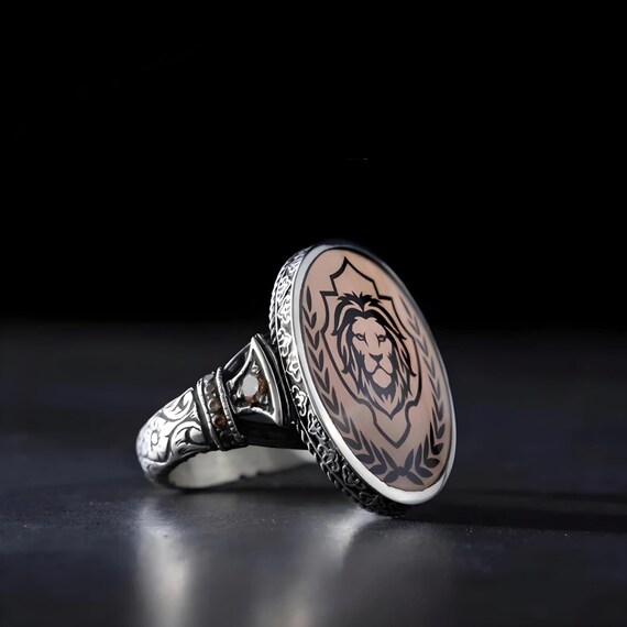 Sterling Silver Lion Ring: Oval Adjustable Handmade Men's Ring