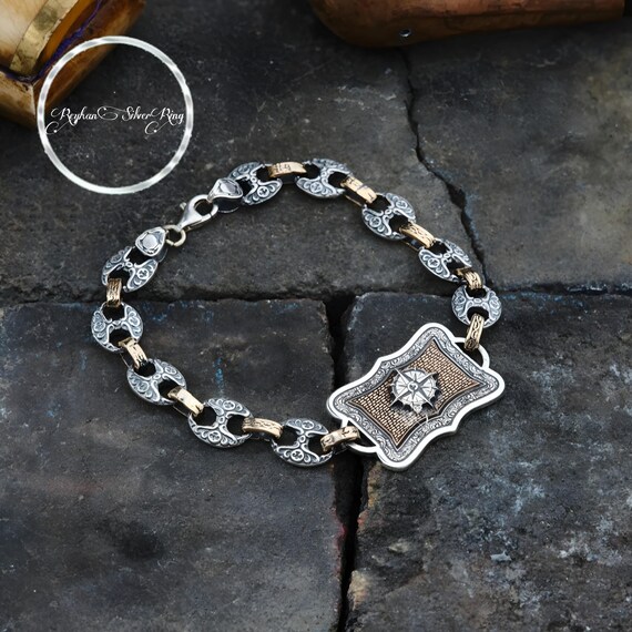 Engraved Handcrafted Silver Bracelet with Compass Design - Gift Jewelry for Him or Her