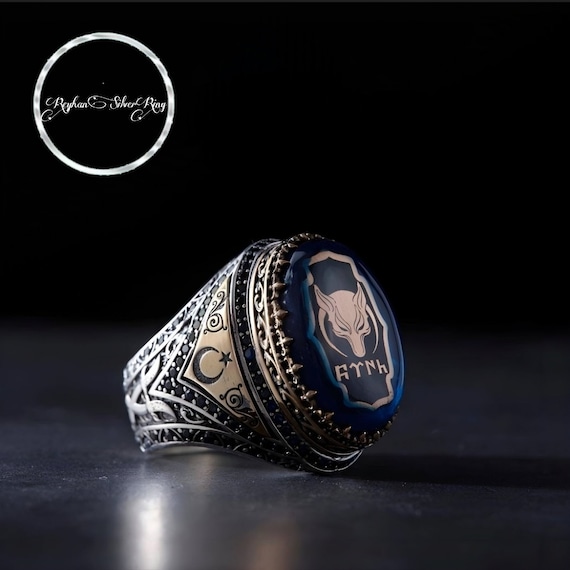 Dark Blue Amber Sterling Silver Men's Ring: Customizable Börü Symbol
