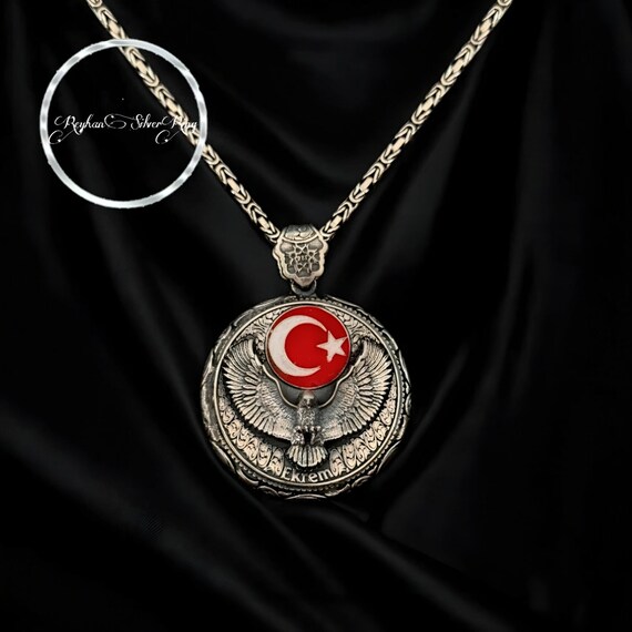 Sterling Silver Eagle Medallion Necklace: Moon & Star Turkish Jewelry, Name Engraved