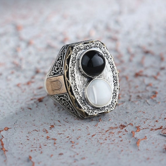 Handcrafted Sterling Silver Ring: Black Onyx & Mother-of-Pearl