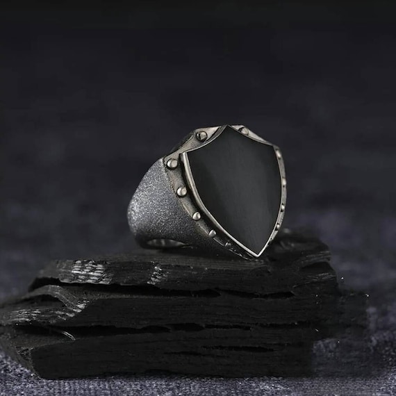Handmade Sterling Silver Shield Ring: Men's Onyx Stone Jewelry