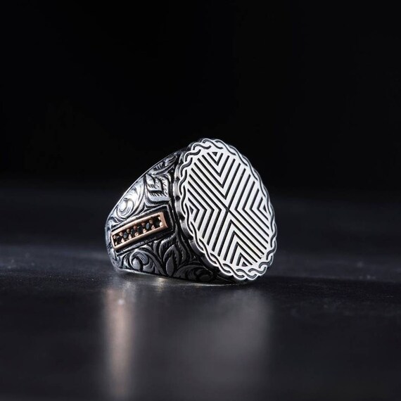 Turkish Men Ring with Black Zircon Stone - Adjustable HALVET-I TACI SHERIF Silver Ring