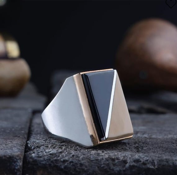 Oltu Stone Sterling Silver Ring - Adjustable Square Ring