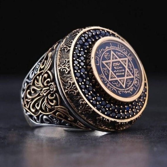 Turkish Handmade Kabbalah Ring | Blue Amber Seal of Solomon Oval Micro Stone Shielded Prayer