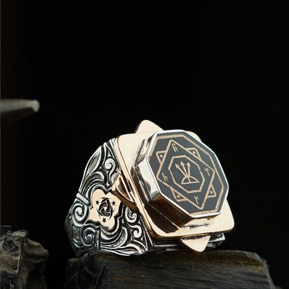 Octagonal Sterling Silver Seal Ring: Adjustable Turkish Ottoman Jewelry