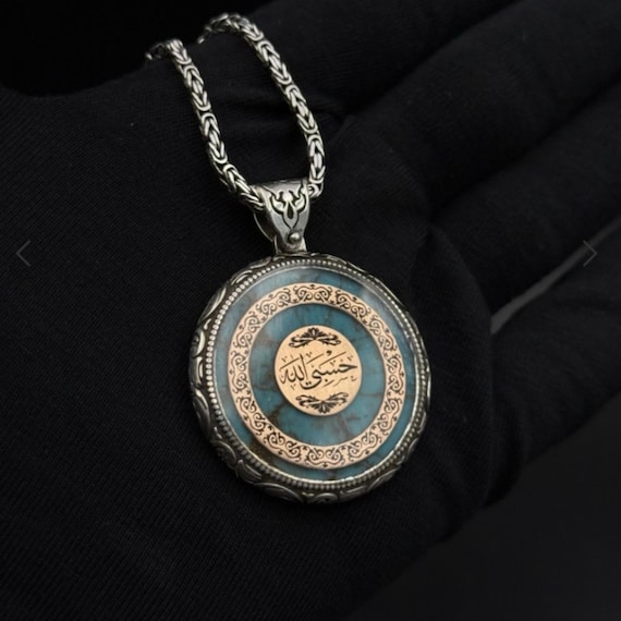 Hasbiyallah | Heavy Silver Necklace | Turquoise Stone | Arabic Inscription | Handmade | Konya Seljuk Jewelry